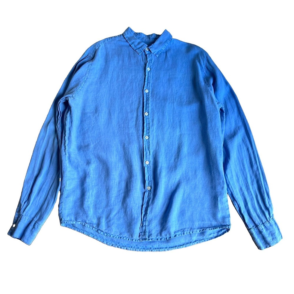 Harris Cotton Men's XL Linen Button Down Shirt‎ Blue Long Sleeve
